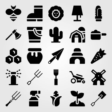 Bahçe vektör Icon set. Balta, Mısır, bal ve bal peteği