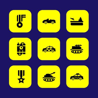 Askeri vektör Icon set. dinamit, taksi, polis araba ve araba