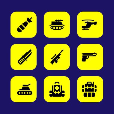 Silah vektör Icon set. ilk yardım çantası, torpido, tabanca ve helikopter