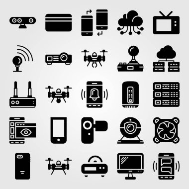 Teknoloji vektör Icon set. Robot, televizyon, web kamerası ve bulut bilgisayar