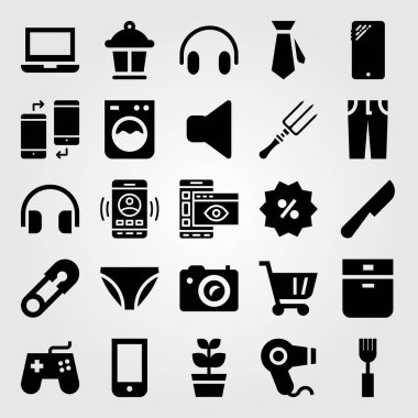 Alışveriş vektör Icon set. bitki, sessiz, saç kurutma makinesi ve çengelli iğne