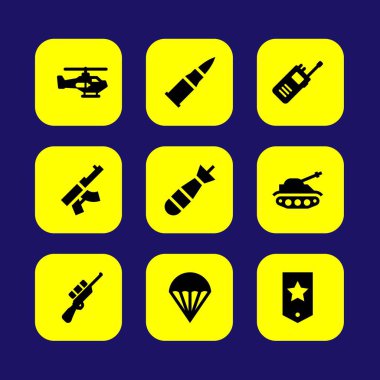 Silah vektör Icon set. paraşüt, helikopter, tank ve torpido