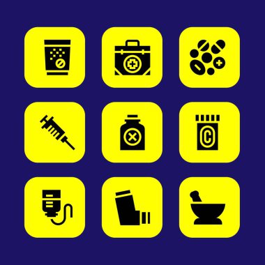 Tıp vektör Icon set. harç, şişe, şırınga ve damla sayacı