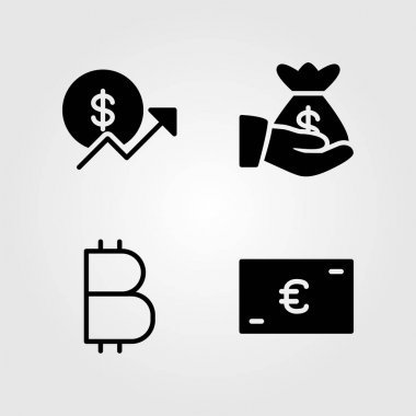 Para Icons set. Vektör çizim madeni para, euro ve para çantası