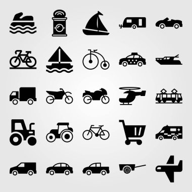 Ulaşım vektör Icon set. Karavan, Bisiklet, kamyon ve ambulans