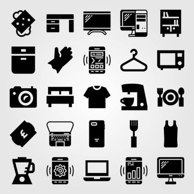 Alışveriş vektör Icon set. sabun, Bilet, fırın ve kahve makinesi