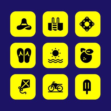 Yaz aylarında vektör Icon set. Cankurtaran, dondurma, motosiklet ve Yüzme Havuzu