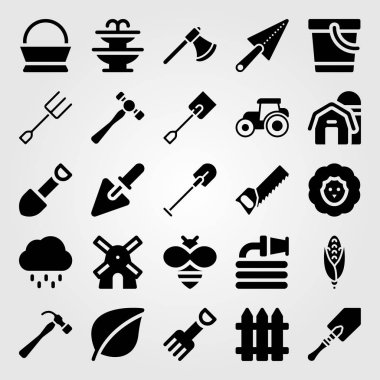 Bahçe simge vektör ayarlayın. yaprak, yağmur, koyun ve el testeresi