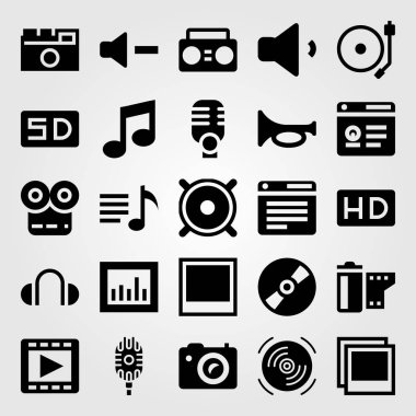 Multimedya vektör Icon set. kulaklıklar, analytics, hd ve fotoğraf