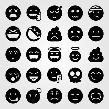 Duygular Icon set vektör. Kaka, huysuz, gülmek ve şok