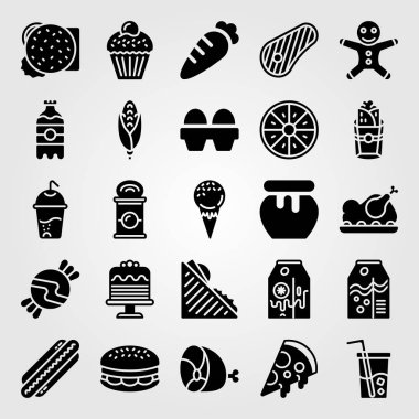 Yiyecek ve içecekler simge vektör ayarlayın. kek, Mısır, süt ve turuncu