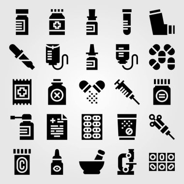 Tıp vektör Icon set. Tablet, oksijen tüpü, ilaç ve tıp