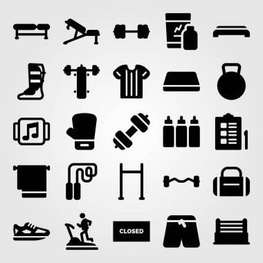Fitness vektör Icon set. spor salonu mat, atlama, koşu ayakkabıları ve pazı halter