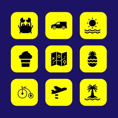 Yaz aylarında vektör Icon set. harita, Araba, van ve uçak