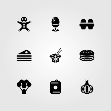 Yiyecek ve içecekler Icon set vektör. pasta, yumurta, burger ve sarımsak
