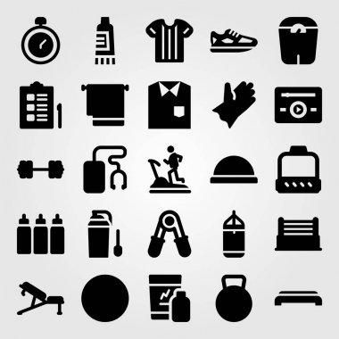 Fitness vektör Icon set. Ayakkabı, halter, topun ve gömlek