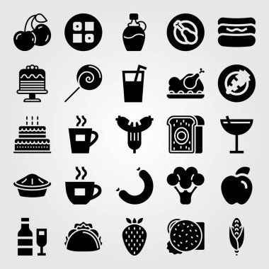 Yiyecek ve içecekler Icon set vektör. pasta, taco, brokoli ve sosis