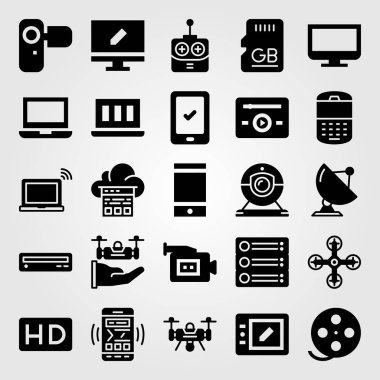 Teknoloji vektör Icon set. HD, camcoder, kamera ve Uzaktan kumanda
