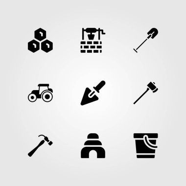 Bahçe vektör Icon set. şey, axe, kürek ve traktör