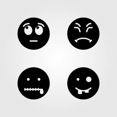 Duygular Icon set vektör. Gülümse, çirkin, gizli ve huysuz