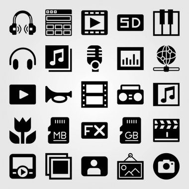 Çoklu ortam simgesini vektör ayarlayın. Klaket, web, fotoğraf makinesi ve boombox