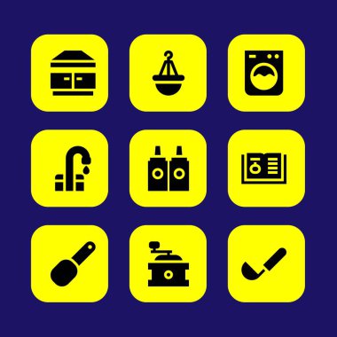 Mutfak vektör Icon set. çıkarıcı hood, dokunma, Kahve değirmeni ve Kepçe