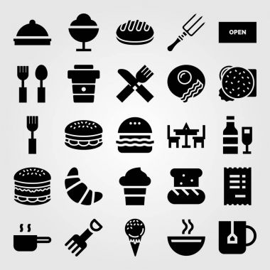 Restoran vektör Icon set. Çatal, çorba, çay bardağı ve kahve fincanı
