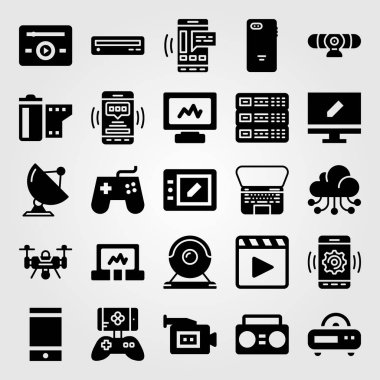 Teknoloji vektör Icon set. Gamepad, tablet, webcam ve radyo