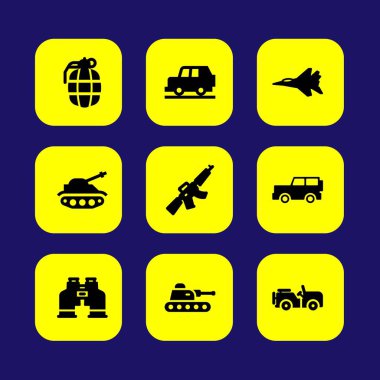 Askeri vektör Icon set. Jet, uçak, jeep ve dürbün