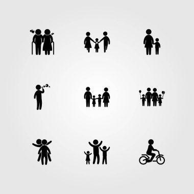 İnsanlar simge vektör ayarlayın. oynayan, çocuk, Aile ve iki oğul oynayan çocuk