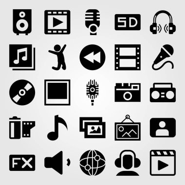 Multimedya vektör Icon set. mikrofon, kulaklık, adam ve birim