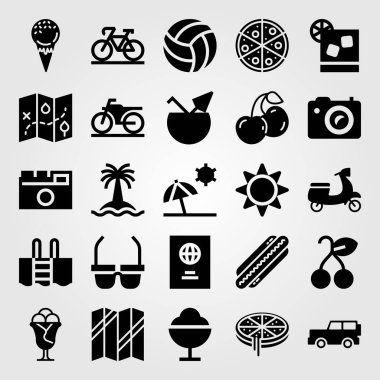 Yaz aylarında vektör Icon set. Bisiklet, sosisli sandviç, kiraz ve jeep