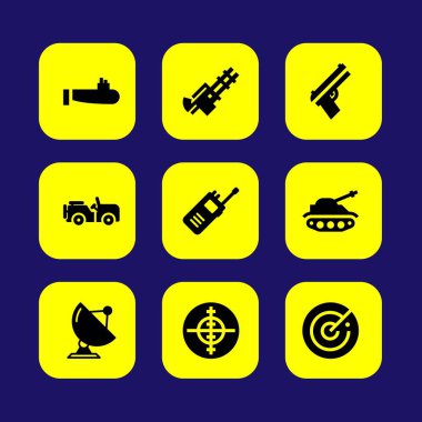 Askeri vektör Icon set. volki tolki, tabanca, makineli tüfek ve uydu