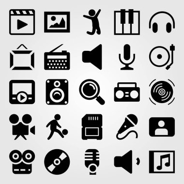 Çoklu ortam simgesini vektör ayarlayın. video kamera, adam, mikrofon ve kulaklıklar