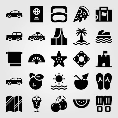 Yaz aylarında vektör Icon set. Cankurtaran, deniz yıldızı, jeep ve kiraz