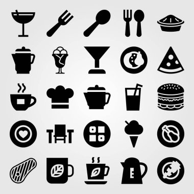 Restoran vektör Icon set. kaşık, biftek, tablo ve kahve Kupası