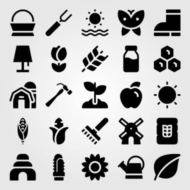Bahçe vektör Icon set. çizme, arı kovanı, güneş çiçek ve kelebek