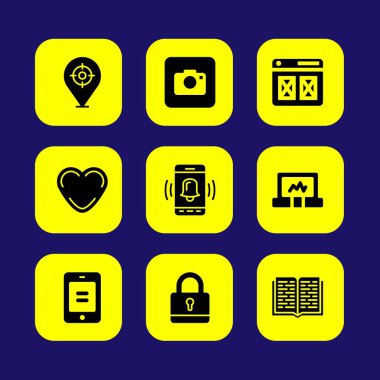 Temel vektör Icon set. yer tutucu, asma kilit, tarayıcı ve fotoğraf fotoğraf makinesi