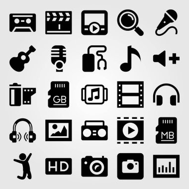 Multimedya vektör Icon set. mikrofon, film rulo, adam ve kaset atlama