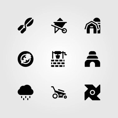 Bahçe vektör Icon set. havuç, whelbarrow, kırpma makasları ve ahır