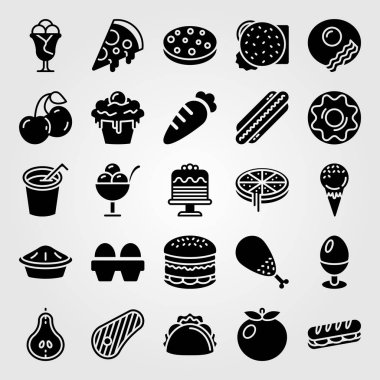 Yiyecek ve içecekler simge vektör ayarlayın. sandviç, dondurma, pasta ve taco