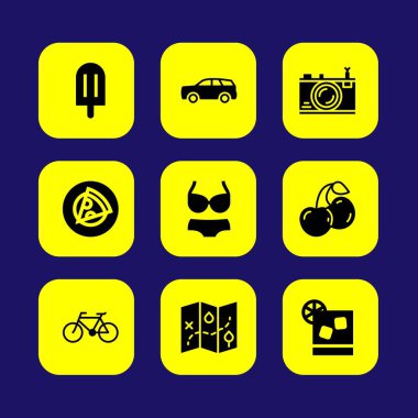 Yaz aylarında vektör Icon set. harita, fotoğraf makinesi, kokteyl ve dondurma