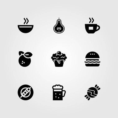 Yiyecek ve içecekler Icon set vektör. şeker, kahve fincanı, hamburger ve bira