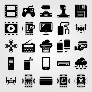 Teknoloji vektör Icon set. doskette, izlemek, müzik çalar ve bulut bilgisayar