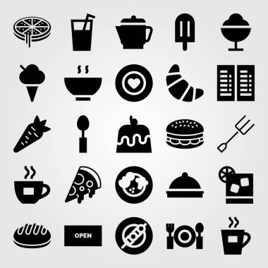 Restoran vektör Icon set. tepsi, aç, çatal bıçak takımı ve burger