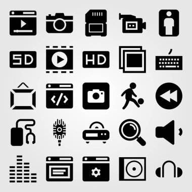 Multimedya vektör Icon set. klavye, kulaklık, geri sarma ve fotoğraf