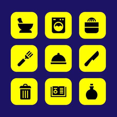 Mutfak vektör Icon set. zeytinyağı, çöp kutusu, çatal bıçak takımı ve harç