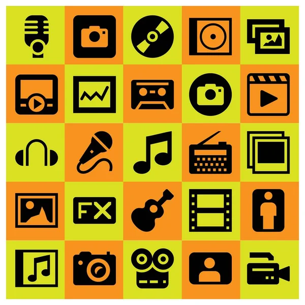 Icono multimedia set vector. nota musical, imagen, reproductor de películas y cassette — Vector de stock