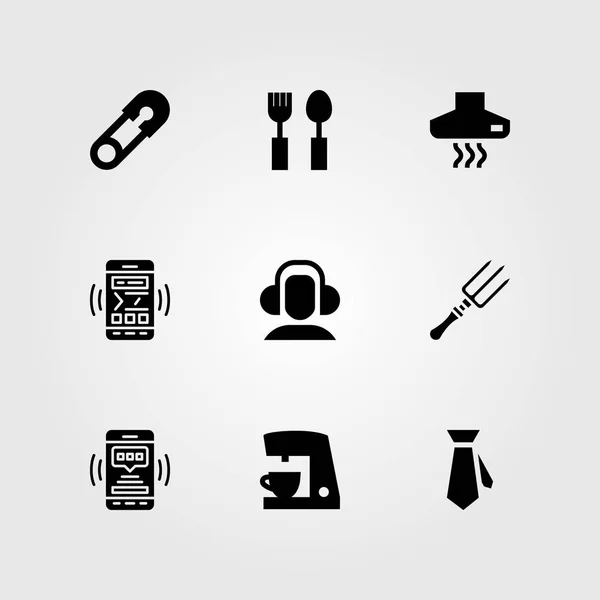 Vásárlás vector icon set. páraelszívó, nyakkendő, evőeszközök és fejhallgató — Stock Vector