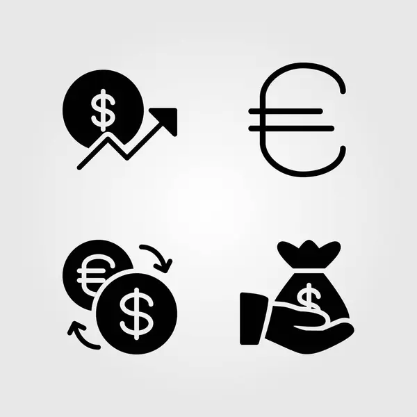 Банковские иконки установлены. Векторная иллюстрация денежный мешок, обмен, евро и монета — стоковый вектор
